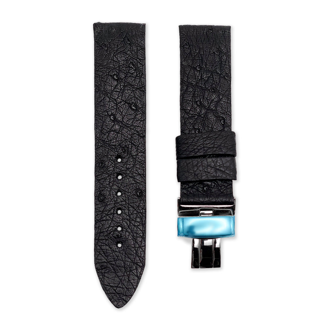 20mm Obsidian Black Ostrich Leather Universal Strap with Deployment Buckle