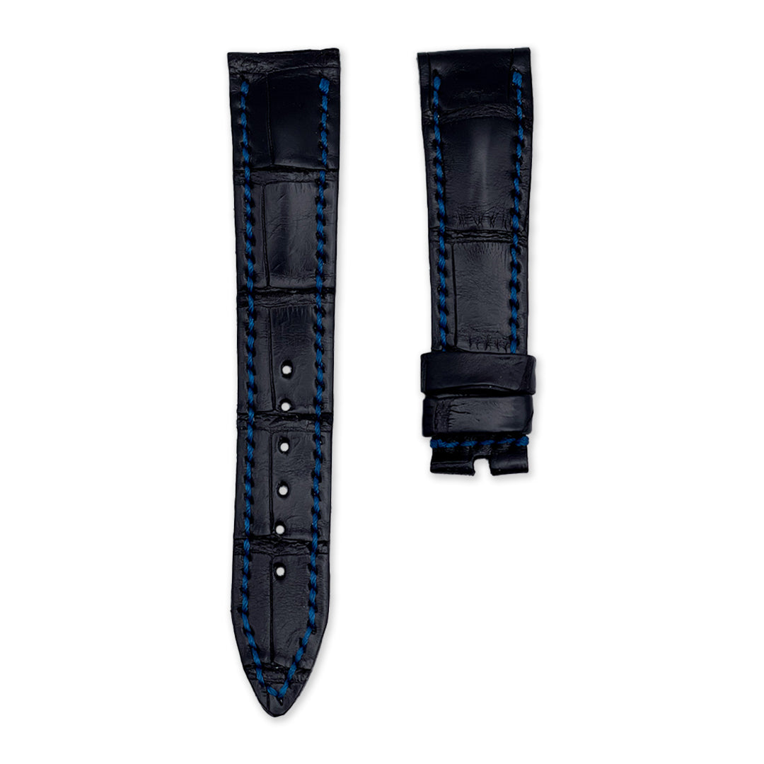 19mm Black Antique Finish Alligator Leather Universal Strap with Blue Stitching